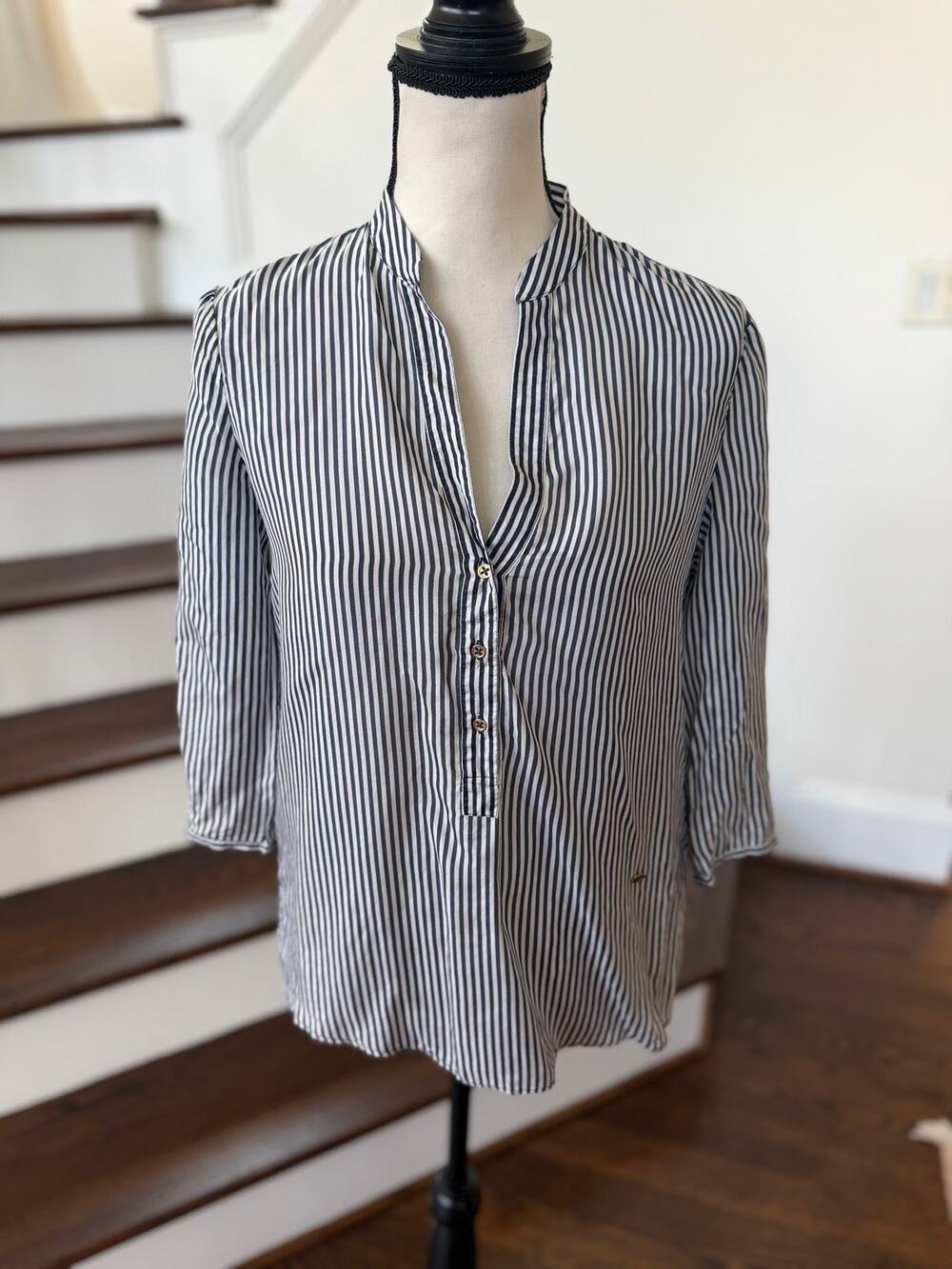 Massimo Dutti Mulberry Silk Navy Blue & White Stripe Button Down Minimalist